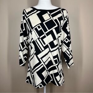 LAUREN RALPH LAUREN Artsy Black Ivory Geo Print Cotton Stretch 3/4 Slv Knit Top